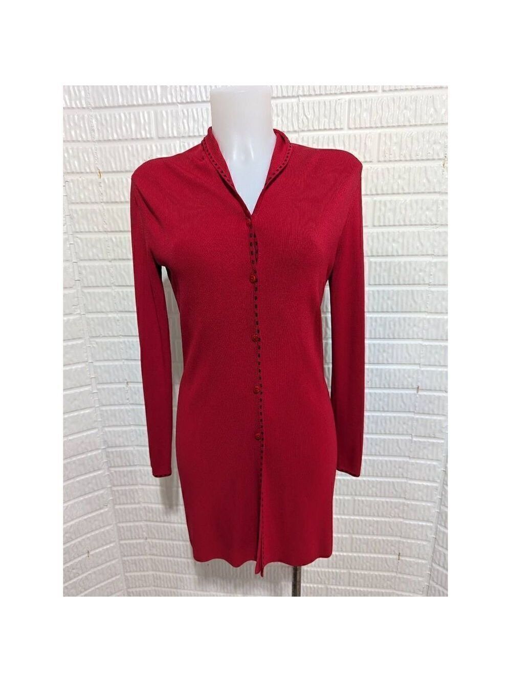 Venini Women's Red Button-Up Knitted Long Cardigan Sweater Size S